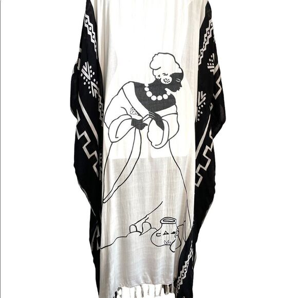 Vintage Y2K Lady Scoop Neck Tassel Kaftan MuMu Beach Cover Up 1X Black White - Picture 13 of 16